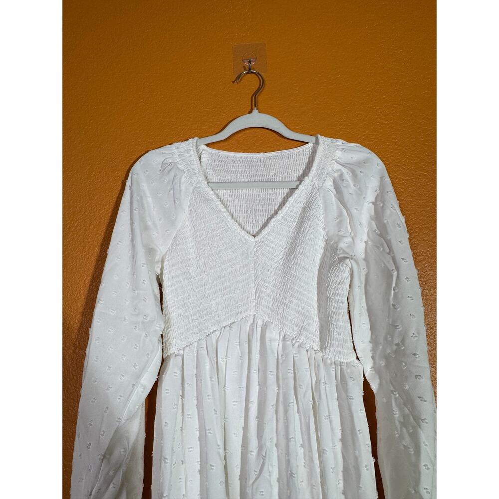 Women's White Long Sleeve Romantic Boho Cottagecore Eyelet Ruched Dress Small